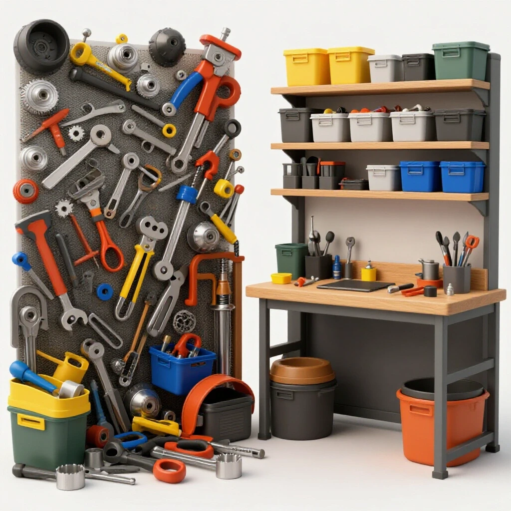 A split image showing a chaotic workshop on one side and an organized workspace on the other, demonstrating effective tool management.