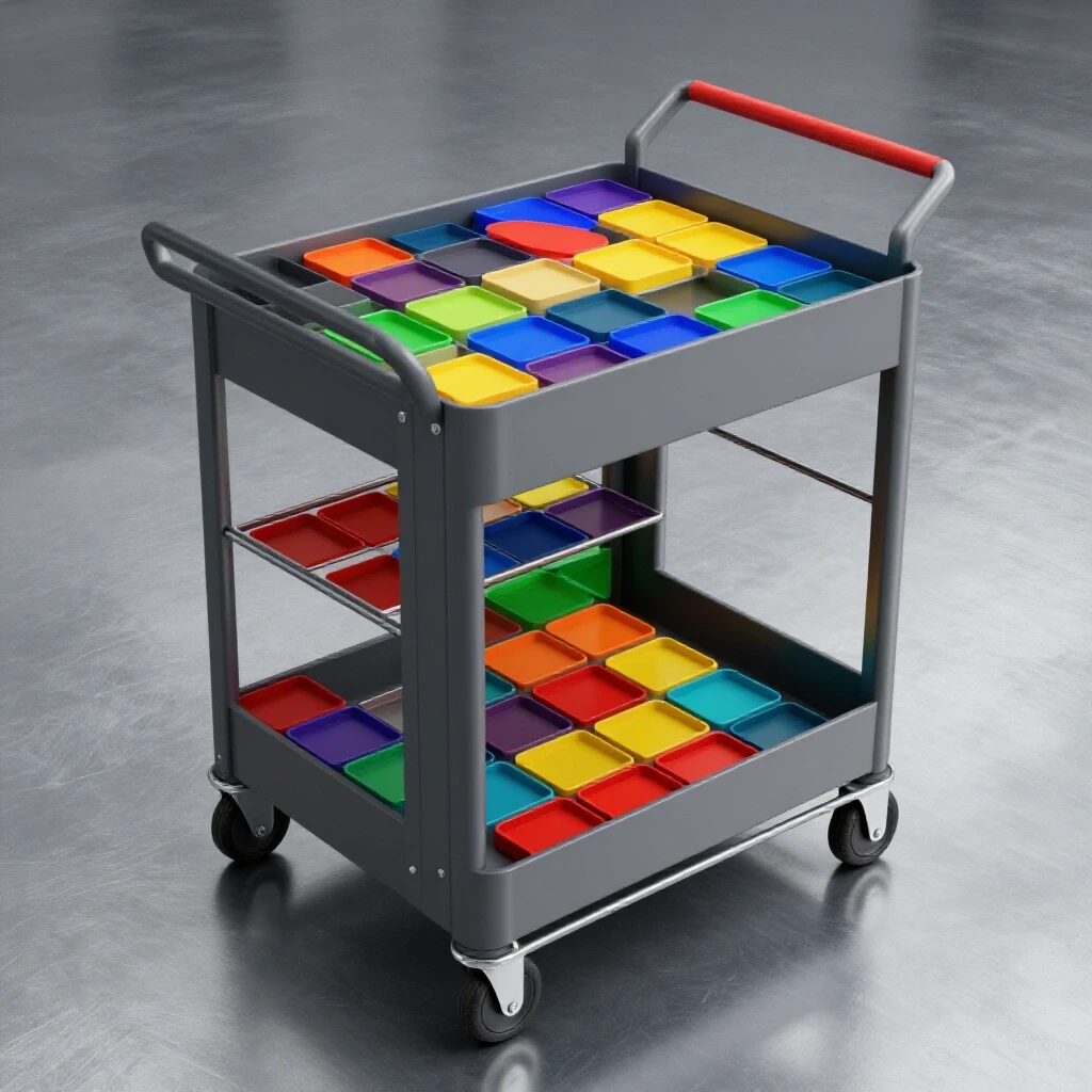 A well-organized workshop cart displaying vibrant layout squares against a metallic background, emphasizing accessibility and order.