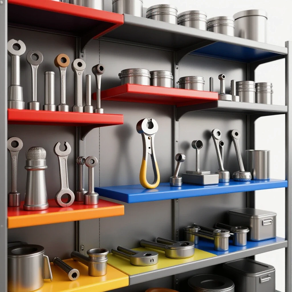 A vibrant and organized metal tool storage space showcasing a prominently displayed tool in a small workshop environment.