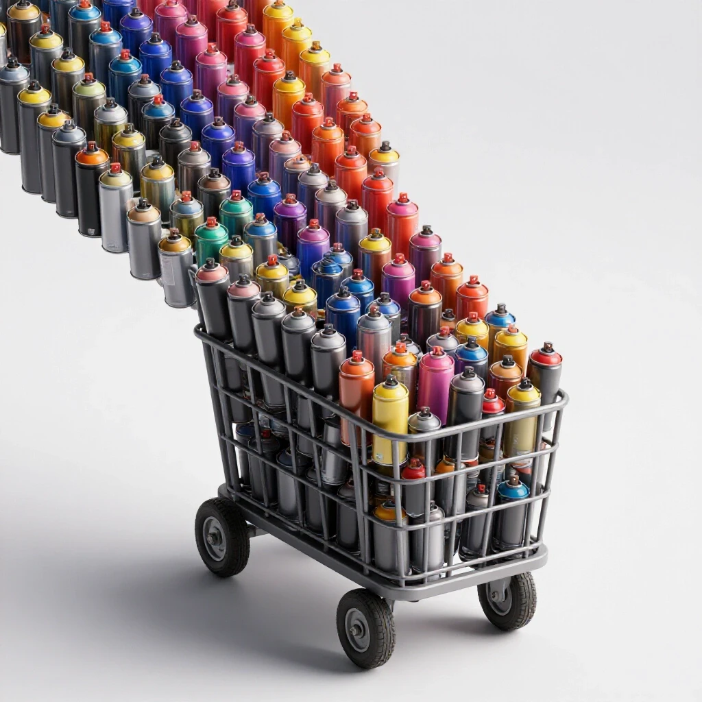 A vibrant cart filled with spray paint cans in a gradient pattern, showcasing organization and chaos.