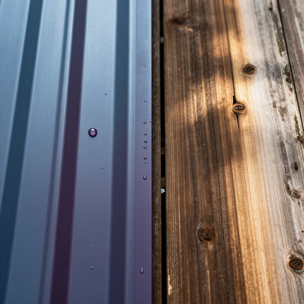 A vibrant painted metal surface next to a weathered wood surface, highlighting weather resistance contrast.