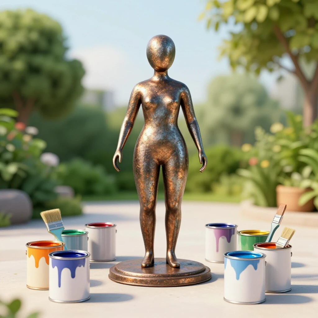 A weathered metal garden sculpture surrounded by colorful paint cans and brushes in an outdoor setting.