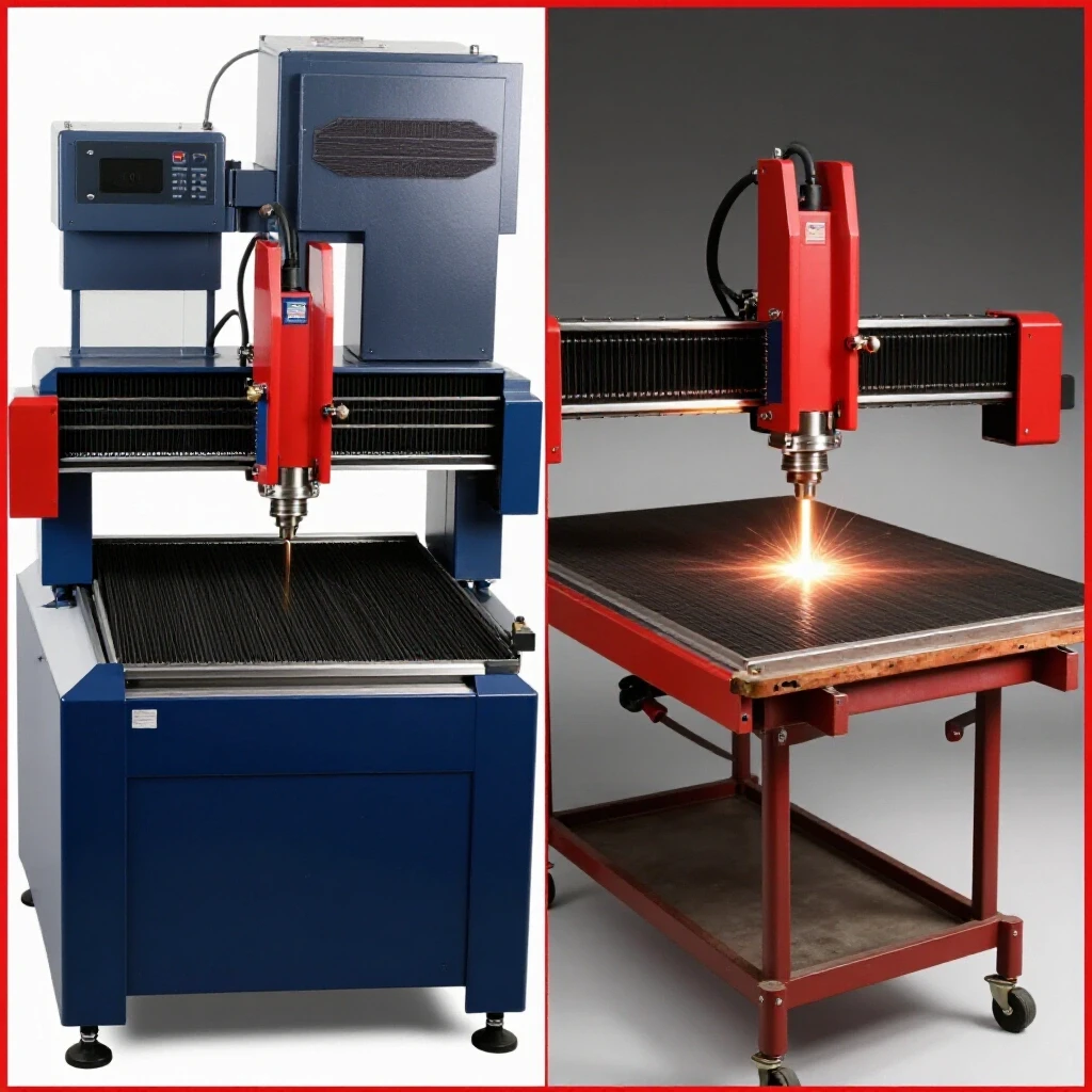 A vibrant split image comparing a sleek laser cutting machine with a rugged plasma cutting table, showcasing metalworking tools.