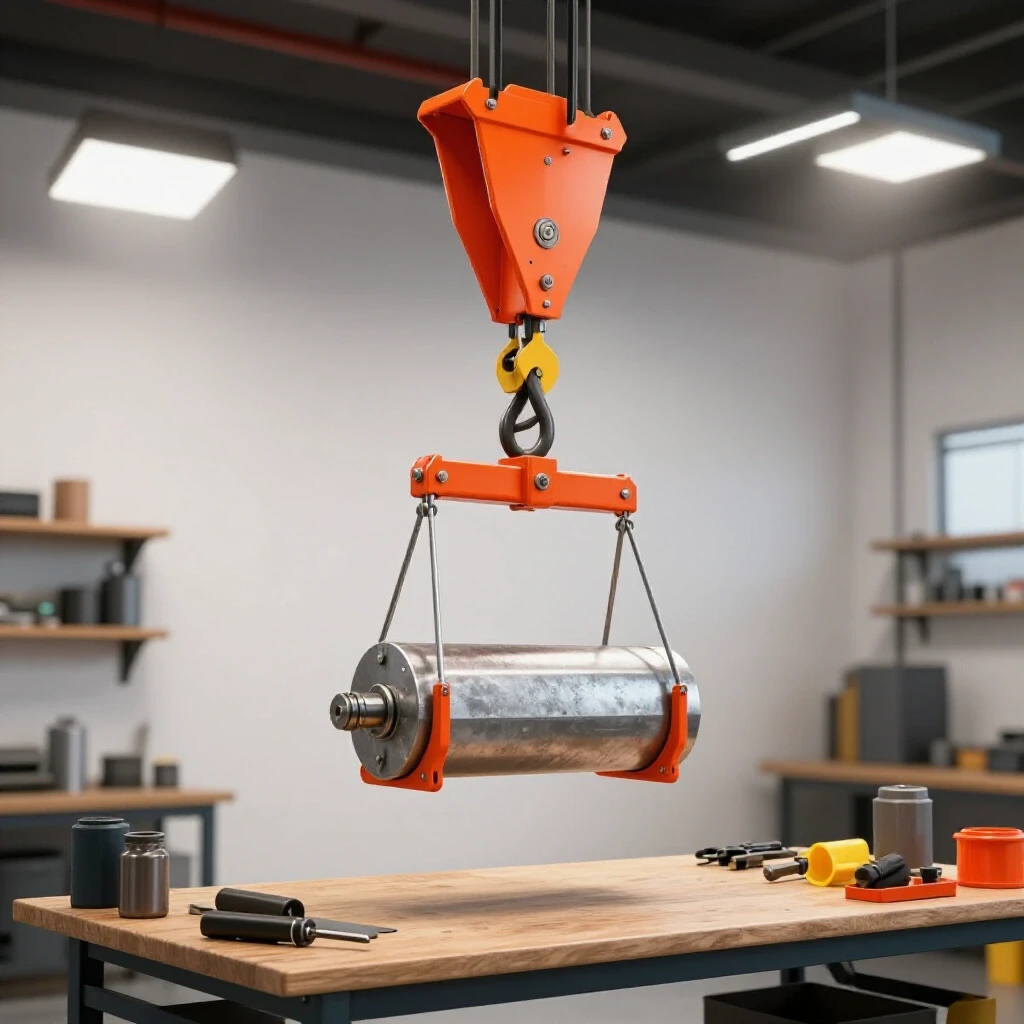A dynamic workshop scene showcasing an overhead hoist efficiently lifting a heavy metal object above a cluttered workbench.
