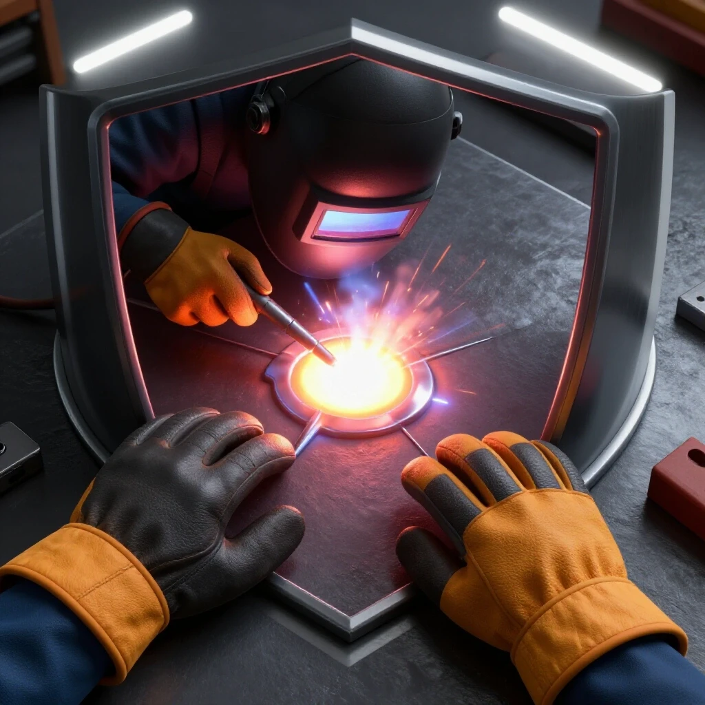 A vibrant overhead welding scene with a molten weld puddle, safety gear, and protective symbolism.