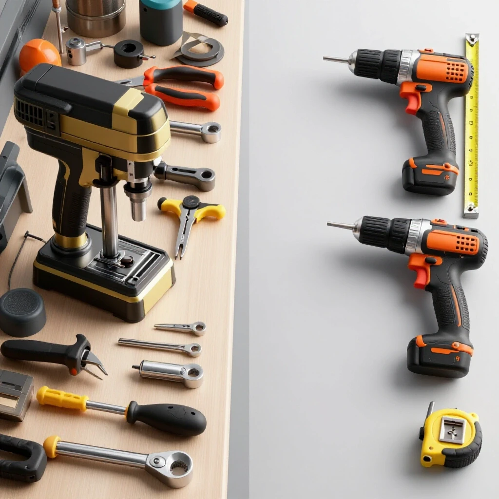 A workbench displaying a contrast between high-end shop tools and essential DIY fabrication tools.