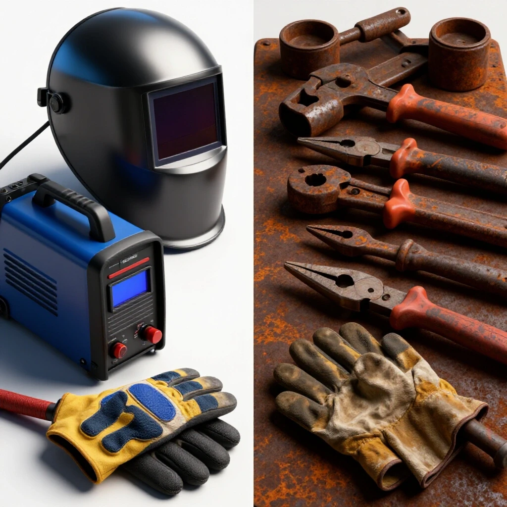 A workbench featuring shiny welding tools on one side and rusty tools on the other, illustrating tool quality disparity.