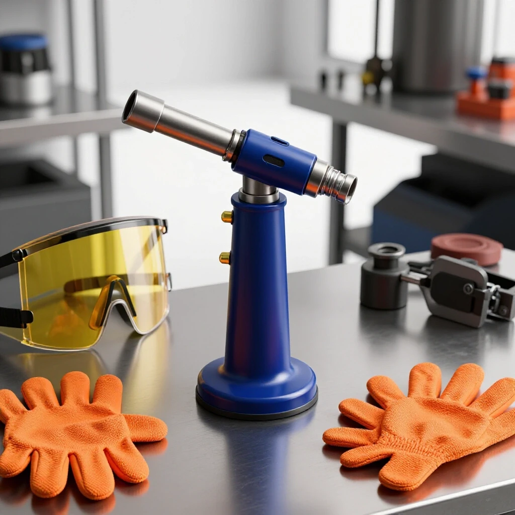 A bright workspace showcasing a well-organized oxy-acetylene torch setup with safety gear like goggles and gloves.