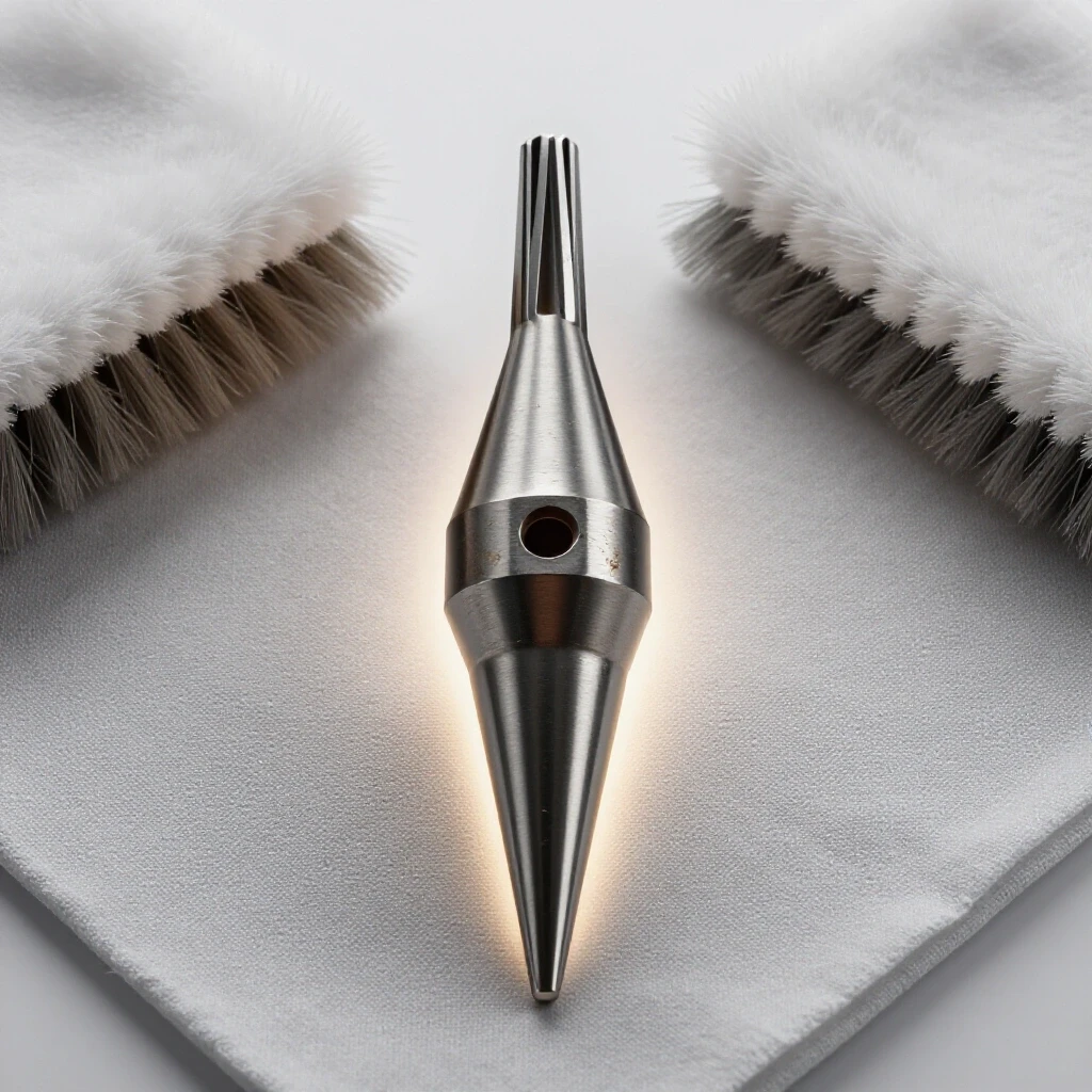 A close-up view of a shiny oxy-acetylene torch tip with a clean cloth beside it on a bright background, depicting cleaning tools.
