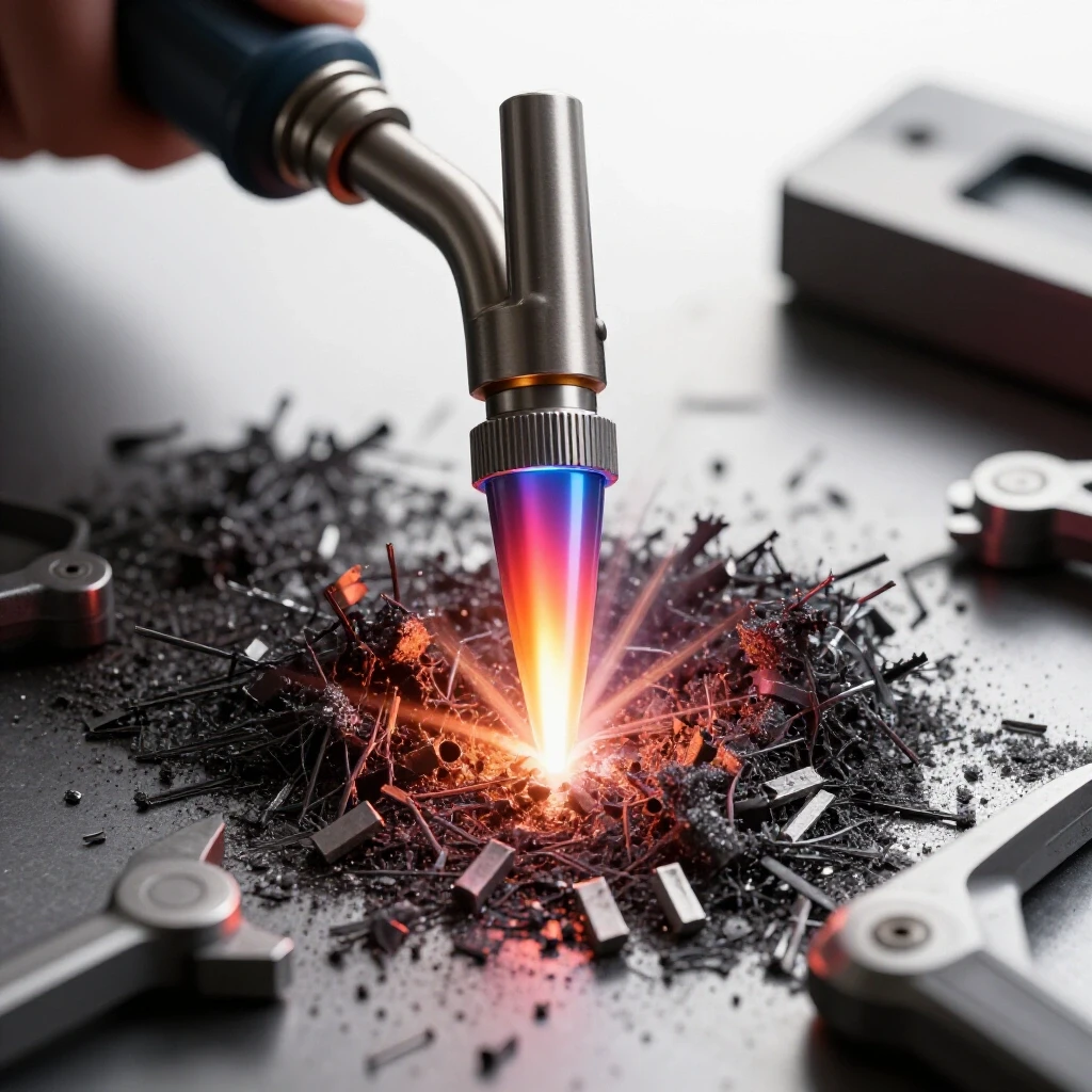 Close-up of a brightly lit oxy-acetylene torch tip with dynamic light effects amidst dark metal shavings and tools.