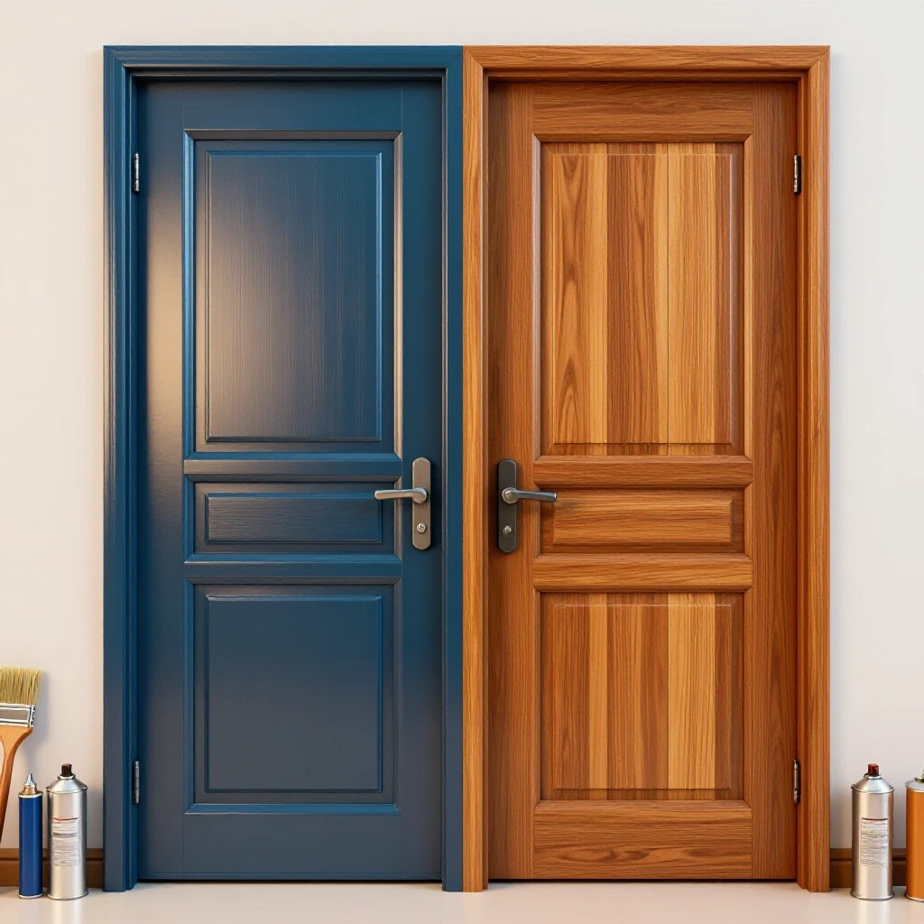 Vibrant metal door resembling wood on the left, textured wooden door on the right, showcasing DIY transformation.