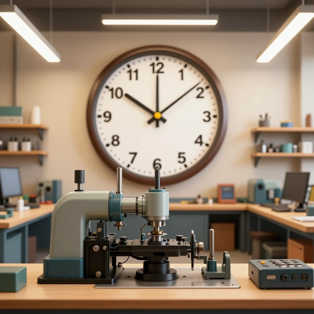 A bright, organized workshop with gleaming machinery and a racing clock in the background, symbolizing urgency.