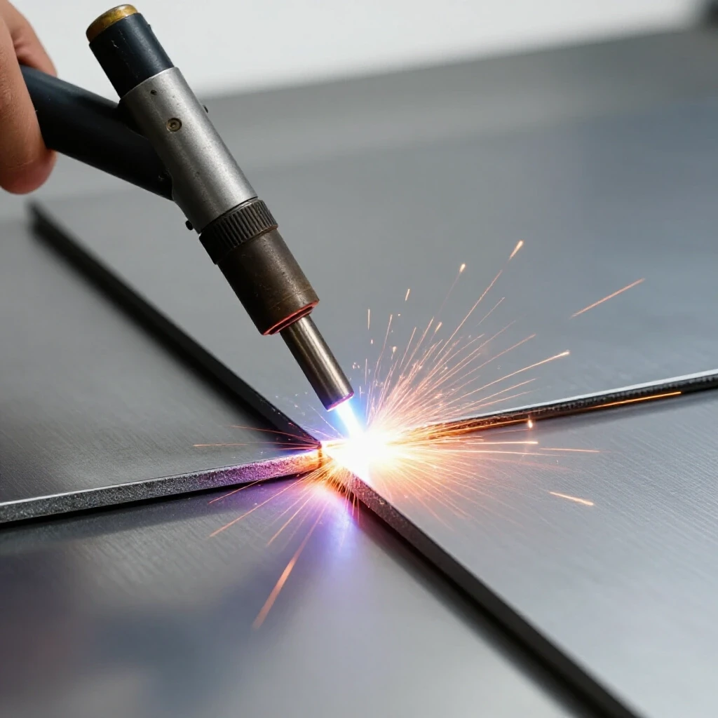 A plasma cutter in action with bright arcs cutting through metal, showcasing a clean edge and vivid colors.