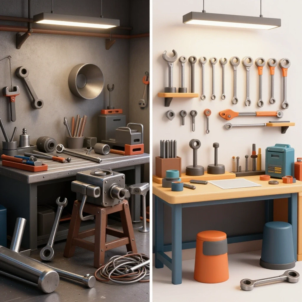 A split-screen image showing a chaotic metalworking workshop on one side and an organized workspace on the other, illustrating problem-solving in metalworking.