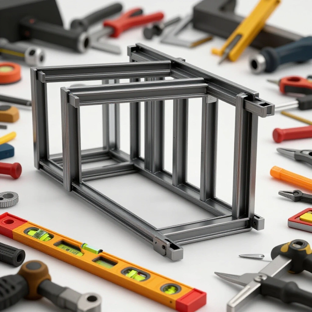 A polished metal frame aligned perfectly amidst scattered tools, highlighting precision and order in a chaotic setting.