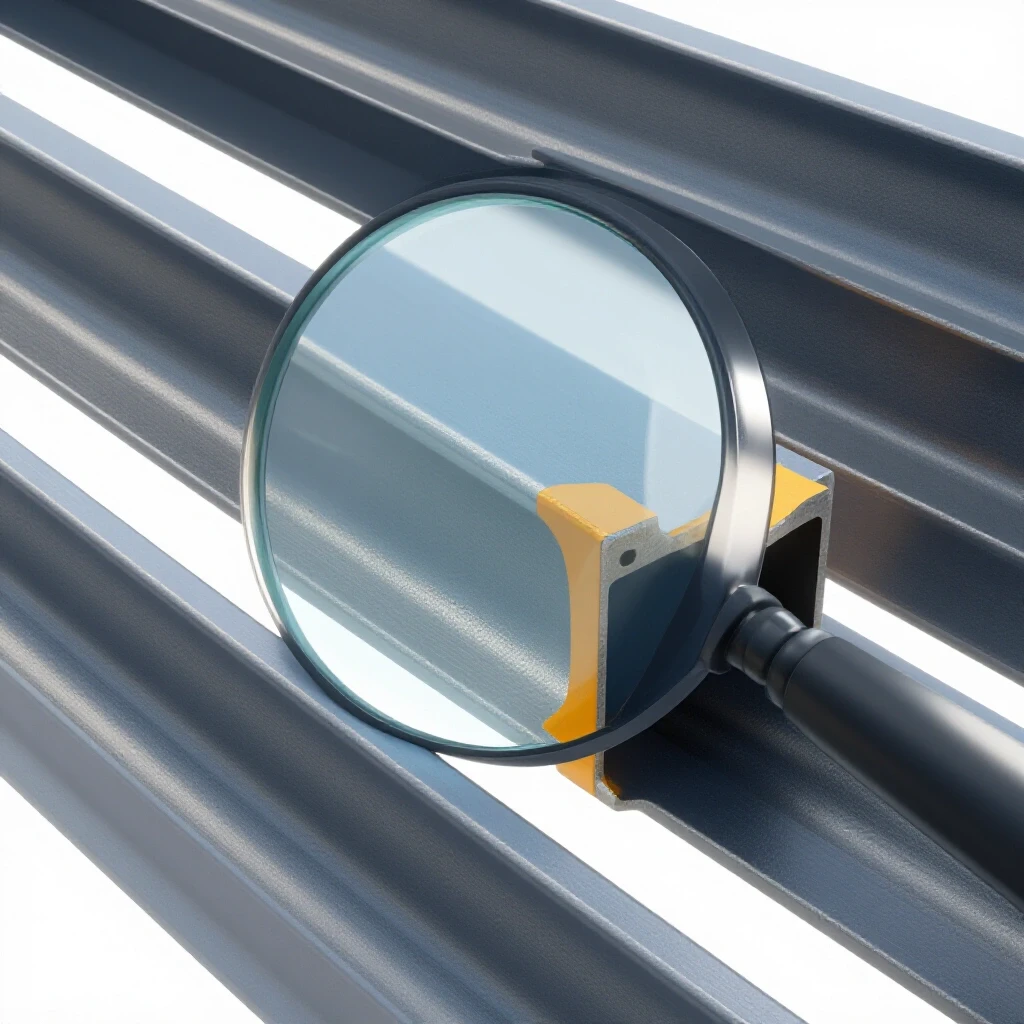 Close-up of a structural steel beam with a magnifying glass, showcasing inspection areas for quality checks in welding.