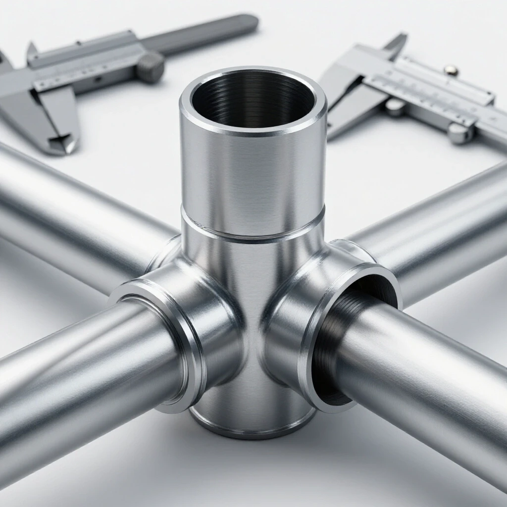Close-up view of a perfectly aligned structural tubing joint with precision tools in the background, emphasizing craftsmanship.