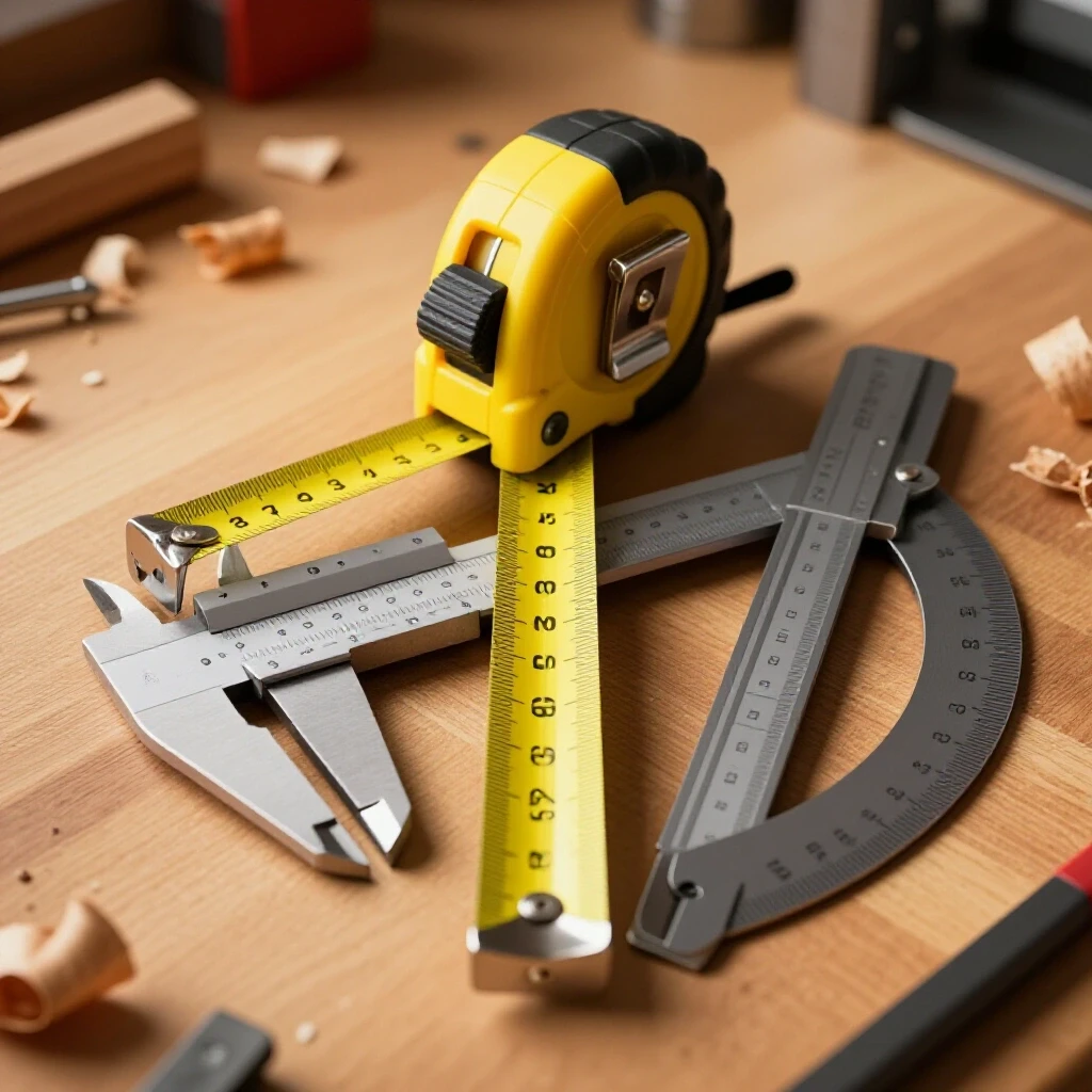 A close-up view of a workshop table with a tape measure, calipers, and precision square, emphasizing precision measurement tools.