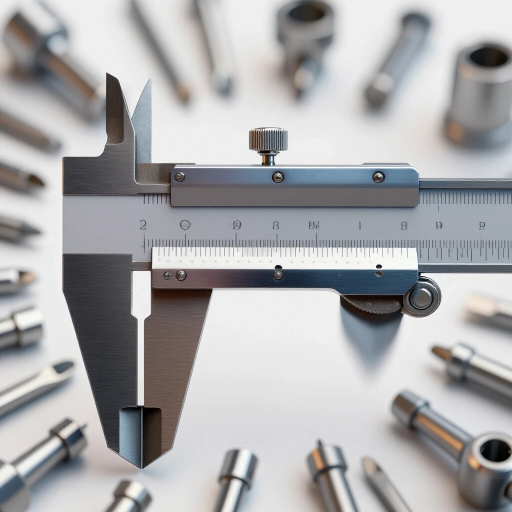 Close-up of a shiny precision caliper with a blurred background of metalworking tools, highlighting accuracy in measurement.