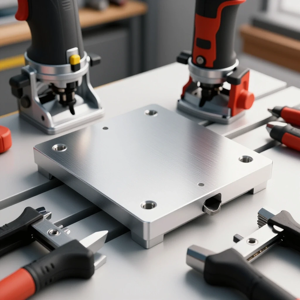 A sleek aluminum router table plate surrounded by a shiny router and rugged clamps in a workshop setting.