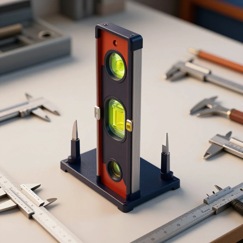 Close-up of a precision level stand on a workbench surrounded by tools, highlighting craftsmanship in a workshop setting.