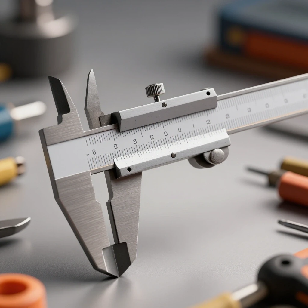 Close-up of a precision measuring tool against a blurred background of workshop tools, showcasing its details and craftsmanship.