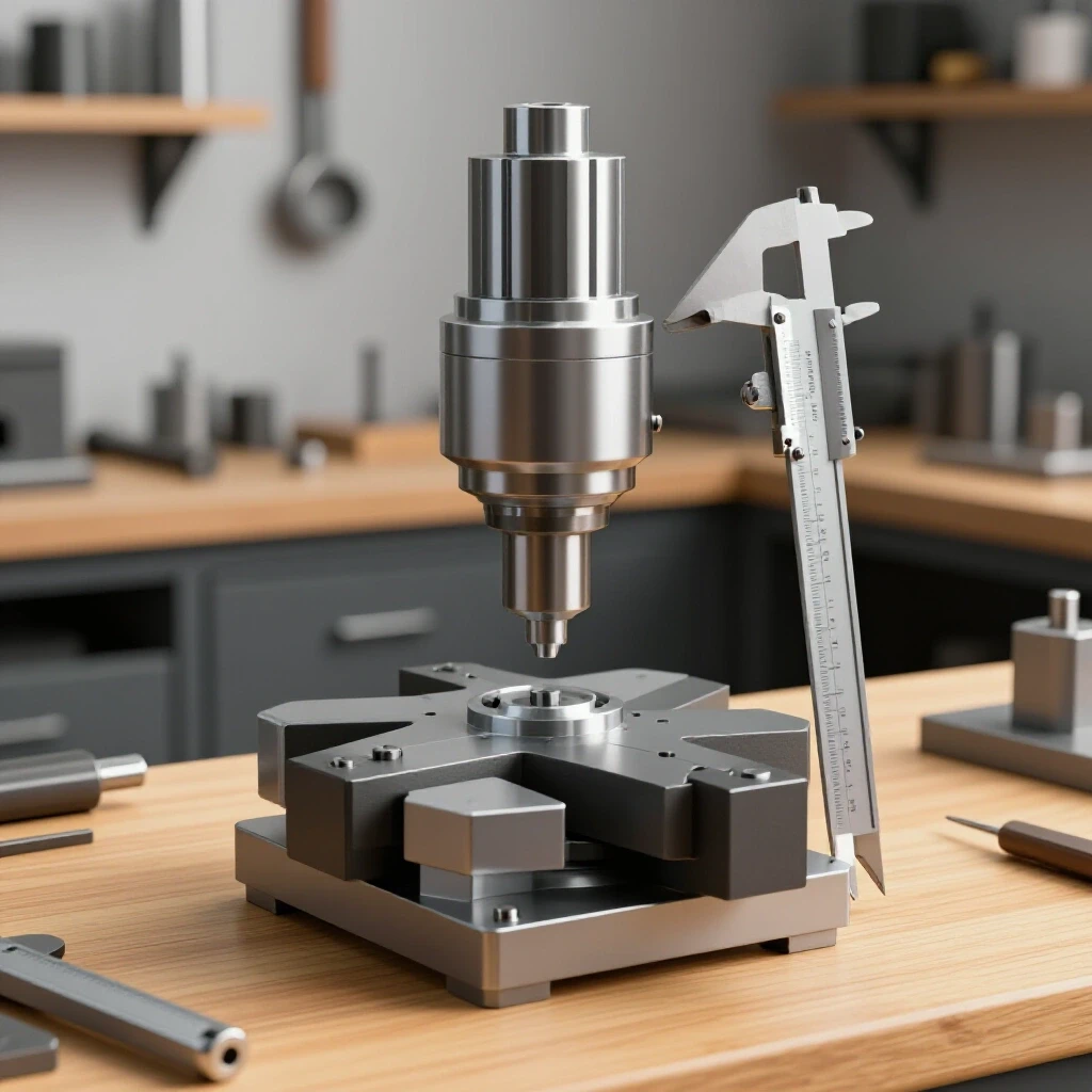 A precision milling fixture with detailed calipers in a blurred workshop setting, showcasing craftsmanship.