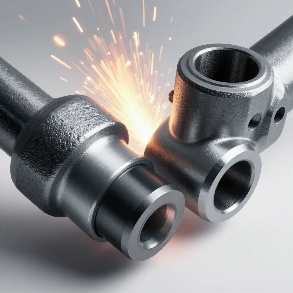 Close-up of two metal joints being beveled for welding, with sparks flying, showcasing smooth and rough surfaces