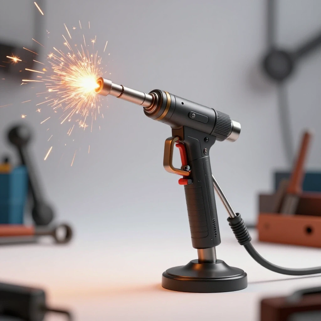 A close-up of a welding torch igniting, with bright sparks flying against a blurred background of workshop tools.