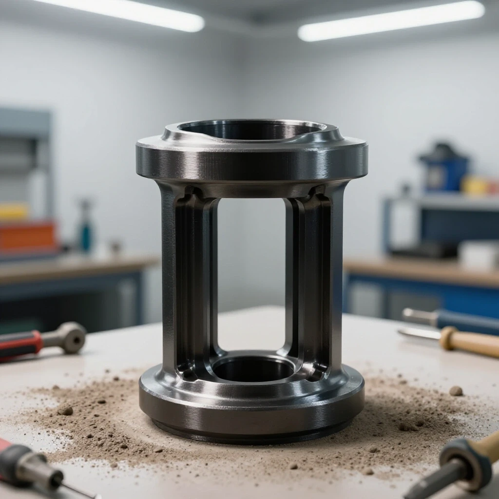 Close-up view of a pristine metal part being prepared for powder coating in a well-lit workshop, with safety equipment in the background.