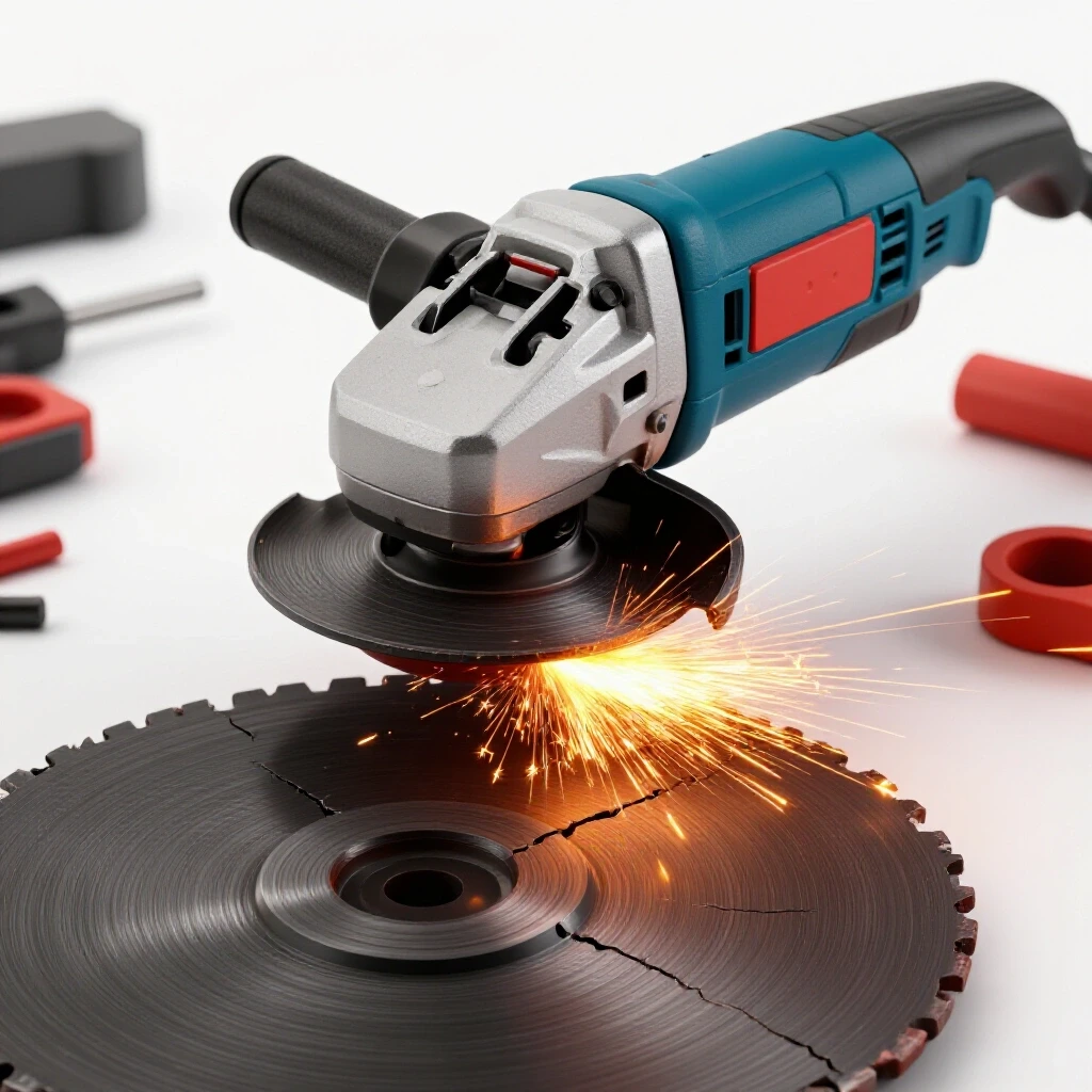 An angle grinder in action with a bright, sparking cutting disc and a cracked disc in the foreground, set in a workshop environment.