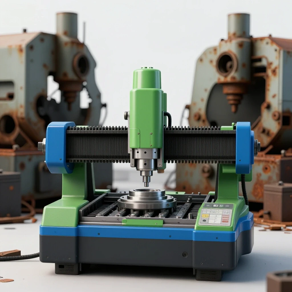A vibrant and well-maintained CNC machine set against blurred distressed machinery, highlighting the importance of maintenance.