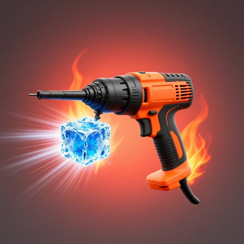 A handheld power tool with a blue ice cube cooling it, set against a red background indicating overheating.