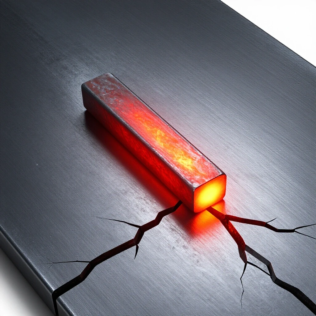 A glowing piece of red-hot steel being welded beside a cracked metal surface, showcasing heat and damage contrast.