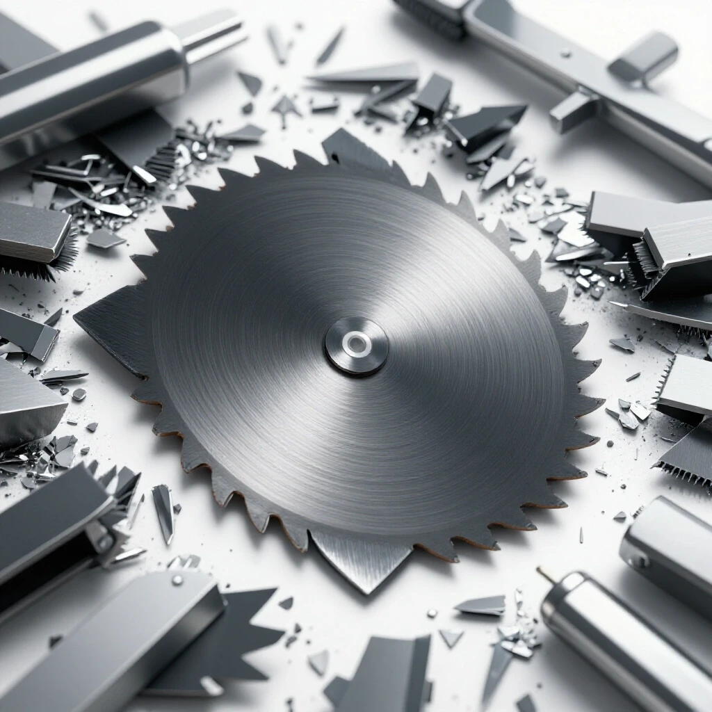 Close-up of a metal bandsaw blade in action with shiny tools and sharp metal shards around it.