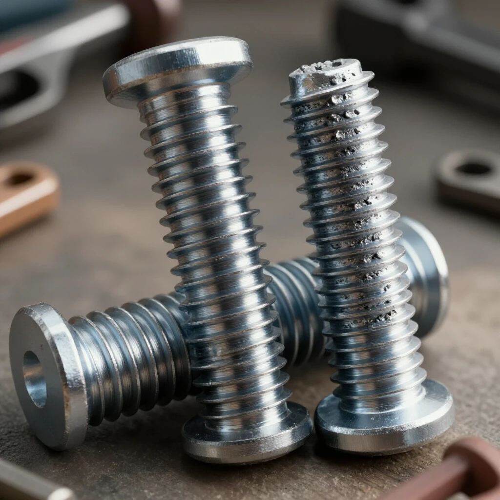 Close-up of two stainless steel threads showing smooth and galled surfaces, with workshop tools blurred in the background.