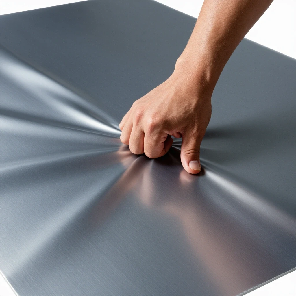 A large sheet of metal warped at the edges with a hand pressing down at the center, showcasing metalworking techniques.