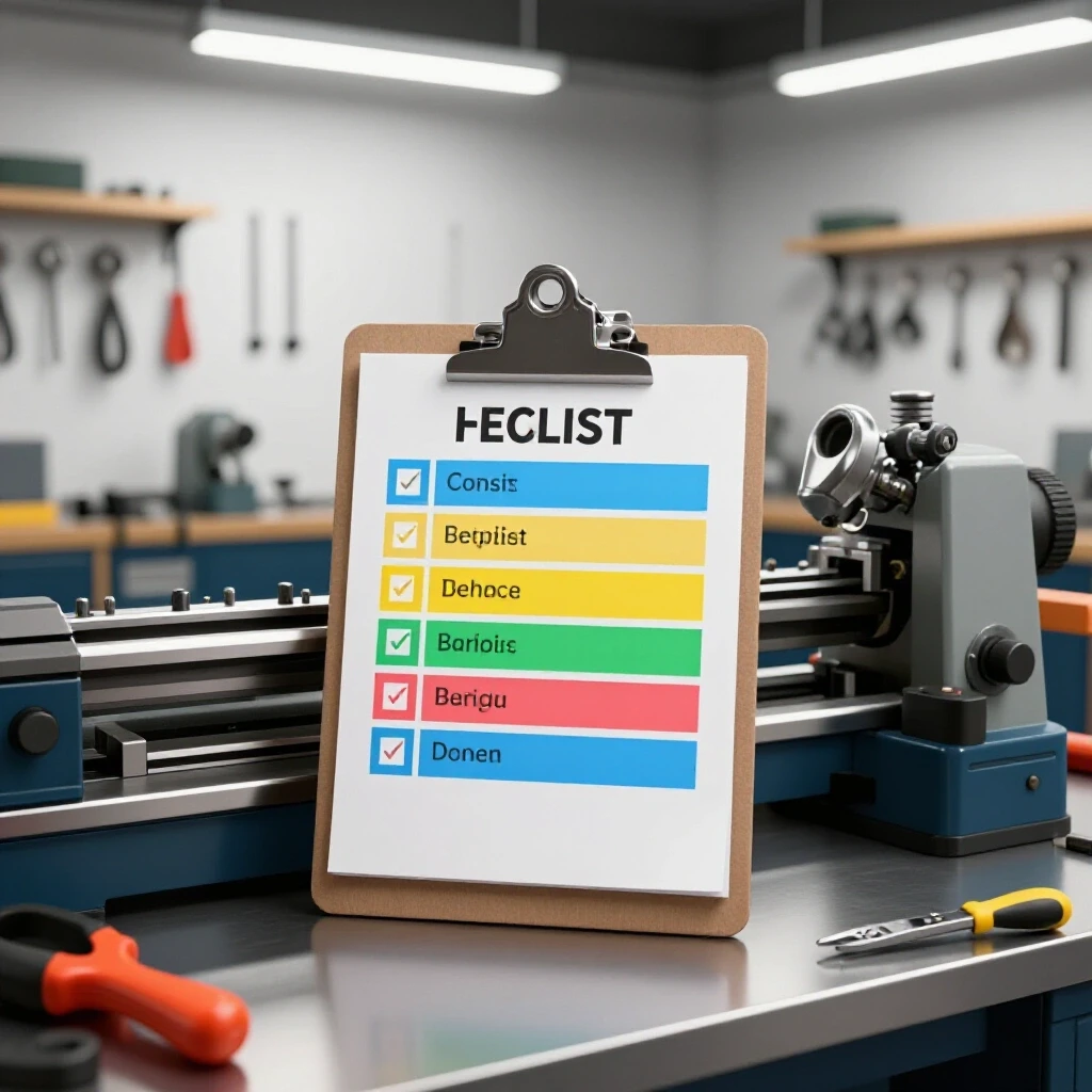 A well-organized metal lathe workshop showcasing a checklist on a clipboard surrounded by shiny tools, emphasizing maintenance readiness.
