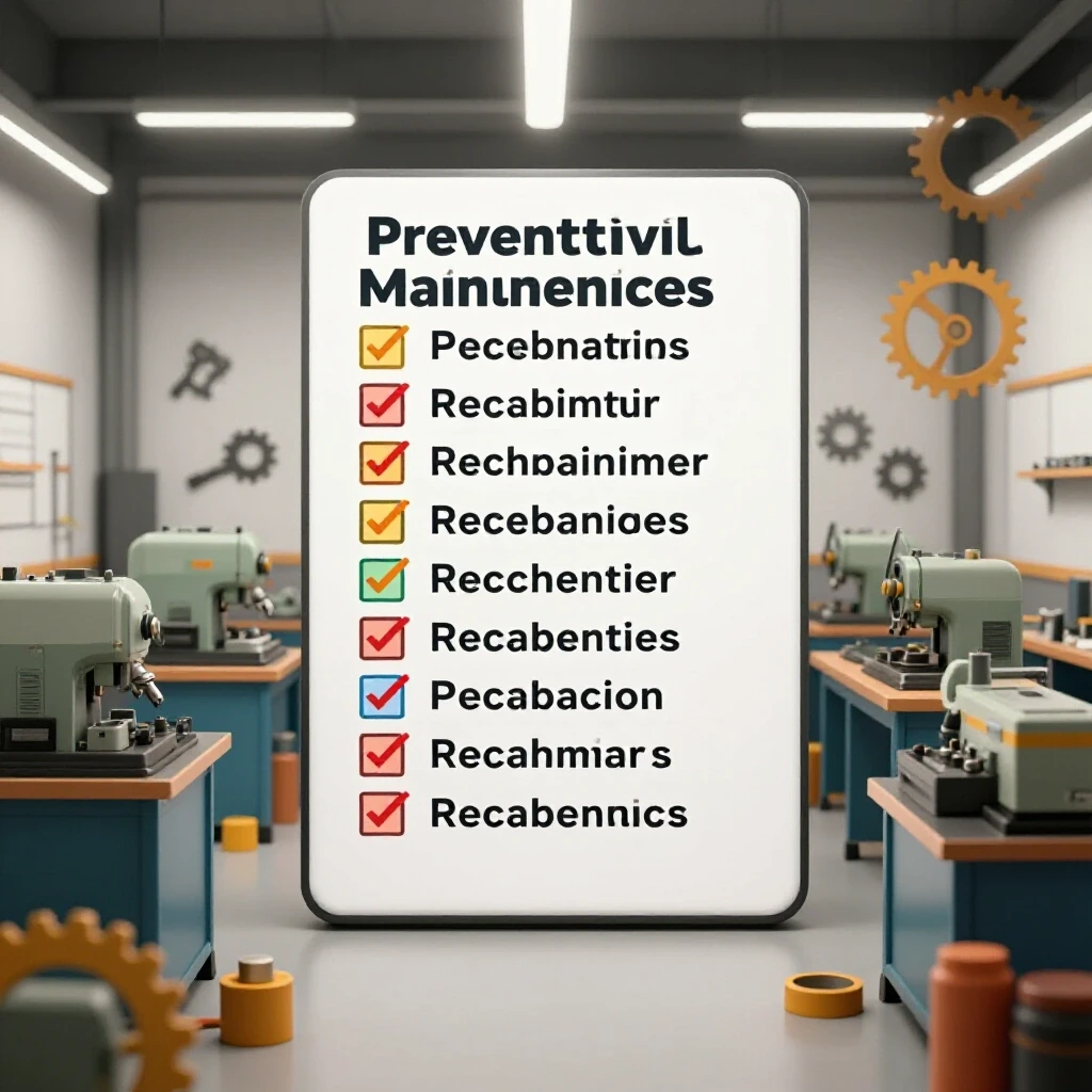 A vibrant workshop scene showcasing machines and a checklist emphasizing preventative maintenance importance.