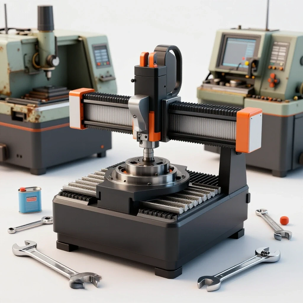 Close-up of a well-maintained CNC machine with tools, highlighting preventative maintenance, with a faded machine in the background.