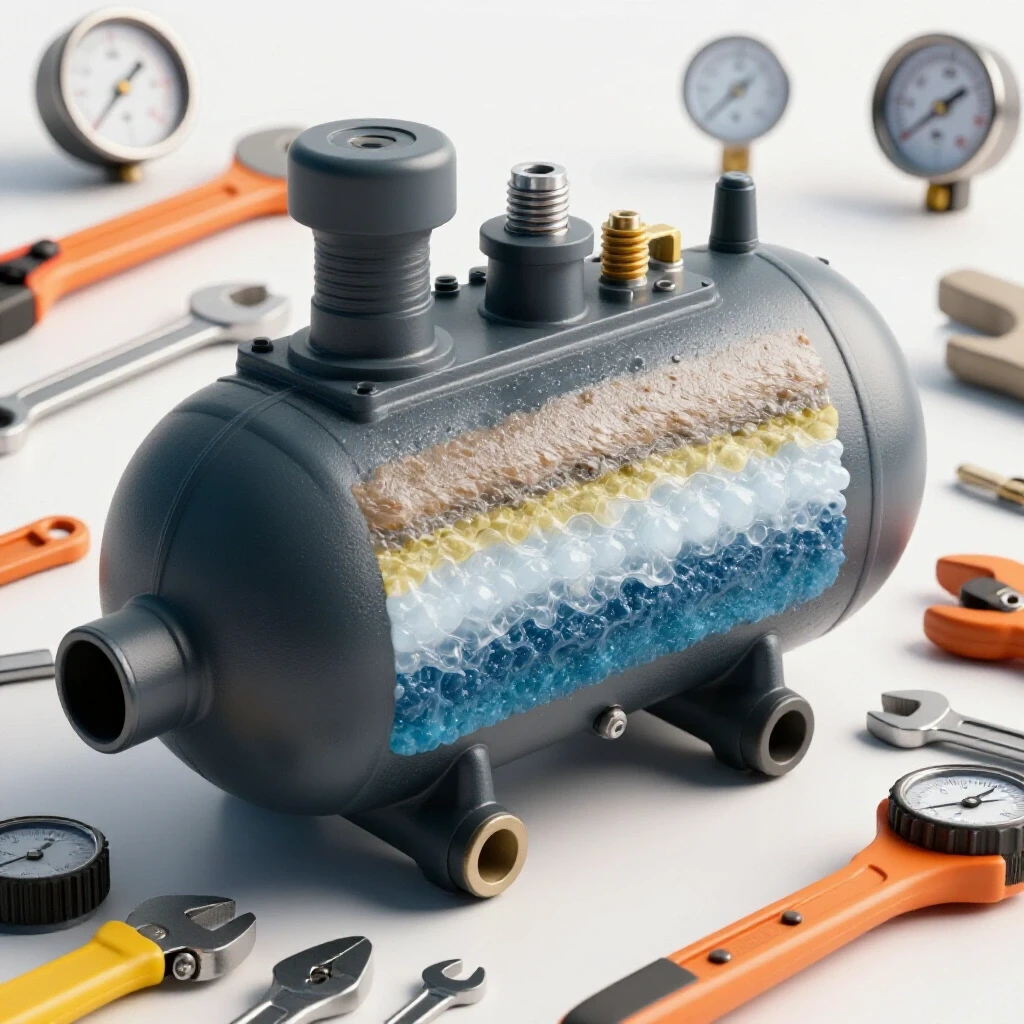 Cross-section of a compressor tank showing moisture layers, surrounded by DIY tools in a bright workshop setting.