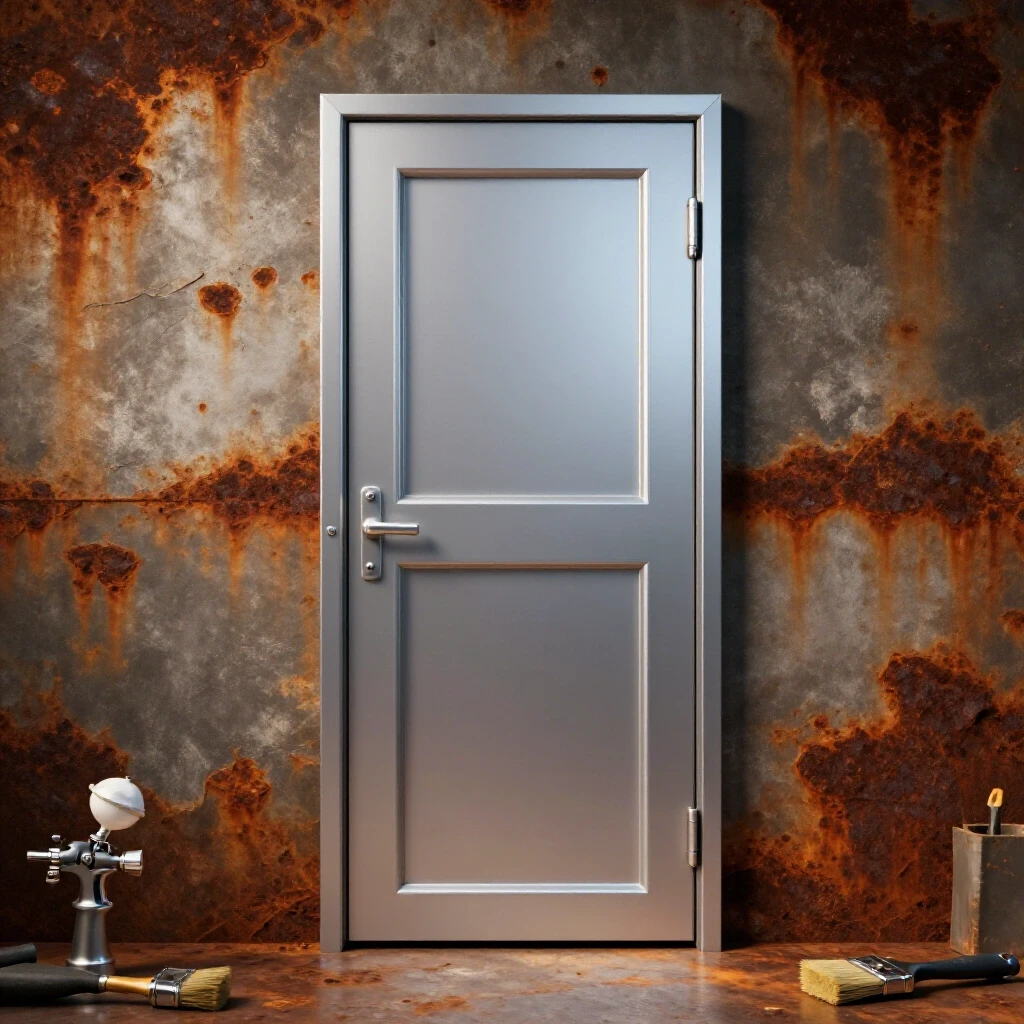 A freshly painted metal door on a rusty workshop surface, highlighting DIY tools like a spray gun.