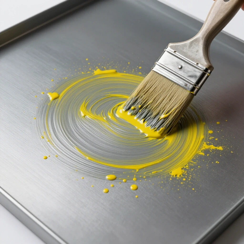 Close-up of a metal surface being coated with a vibrant primer, showcasing brush strokes and splatters.