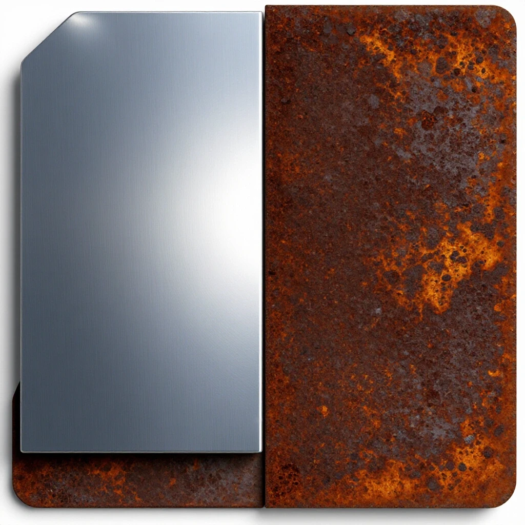 A polished mild steel plate contrasted with a rusty, uneven surface against a bright background, illustrating surface prep effects.