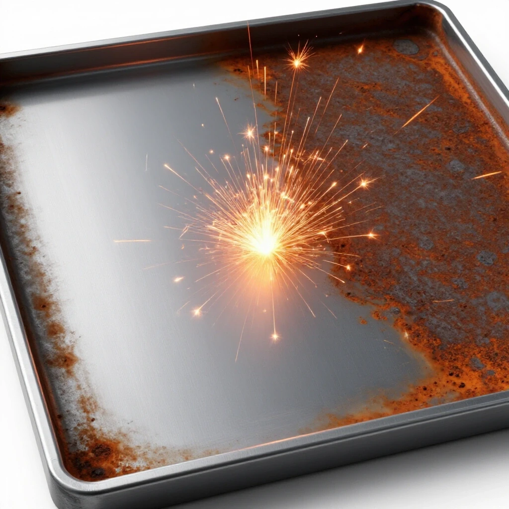 Close-up view of a steel plate being sanded, showcasing shiny and rusty sides with sparks flying.