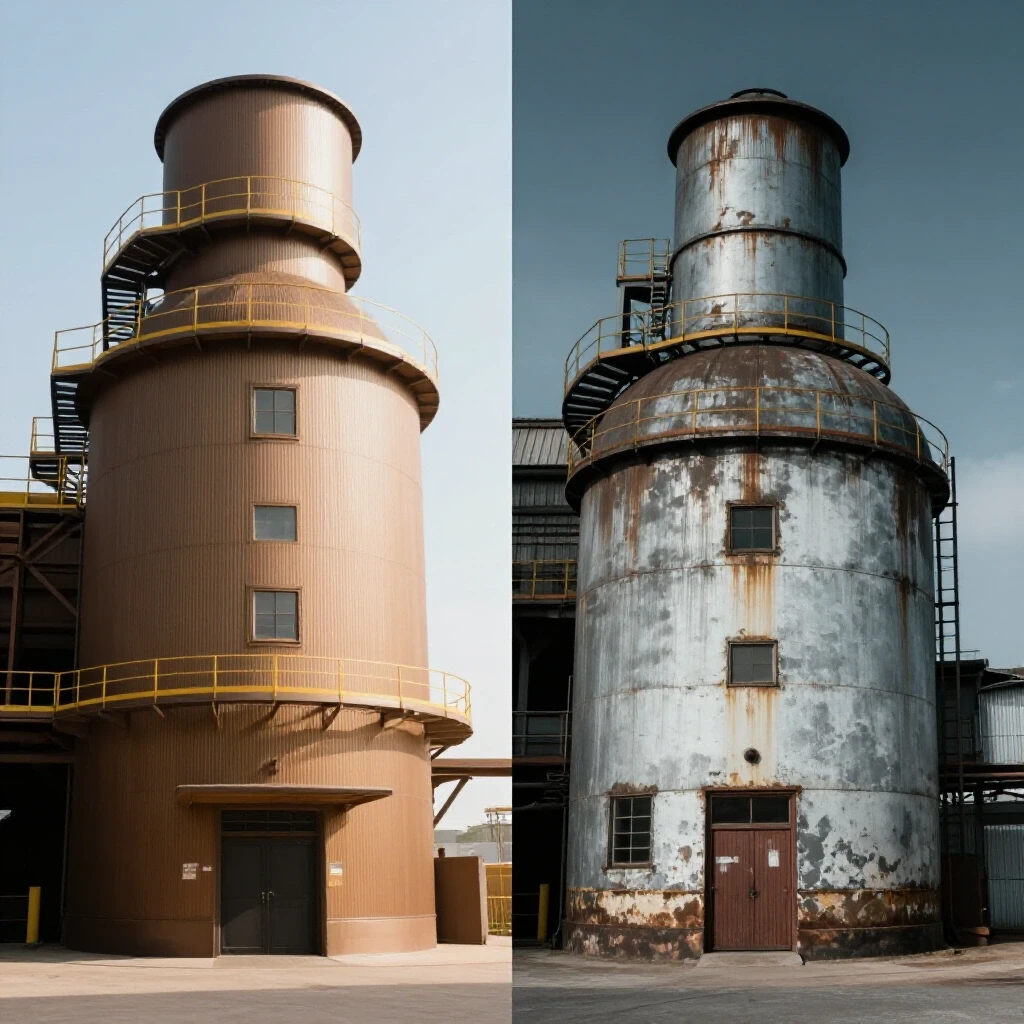 A split-image showing a modern industrial mill on the left and a worn mill on the right, illustrating investment vs depreciation.