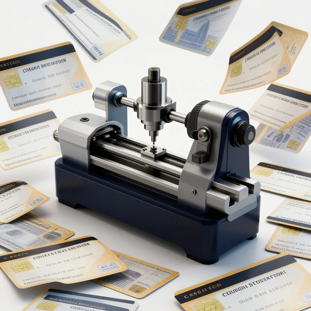 3D-rendered image of a modern metal lathe alongside an overflowing credit card statement, emphasizing equipment acquisition vs. financial burden.