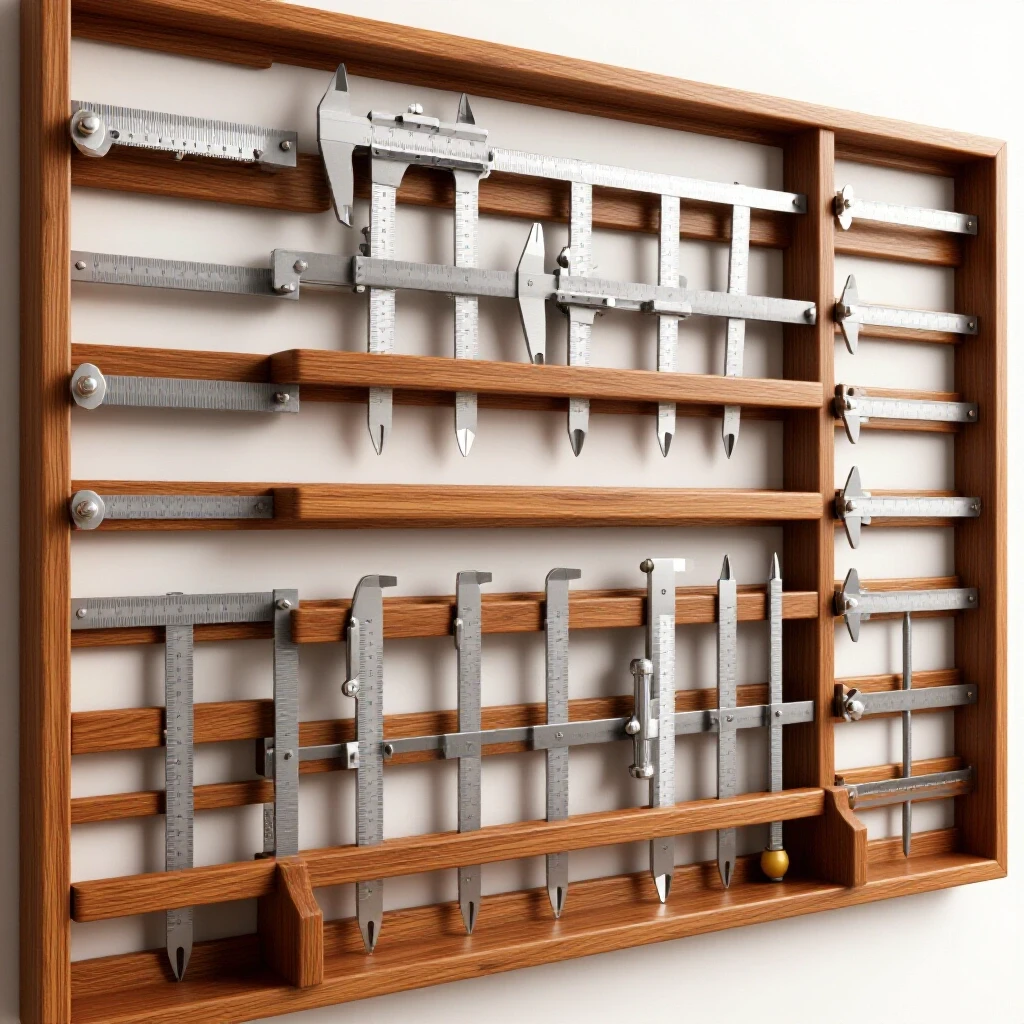 A sturdy wall rack designed for organizing calipers and micrometers, showcasing its functionality with a workshop background.
