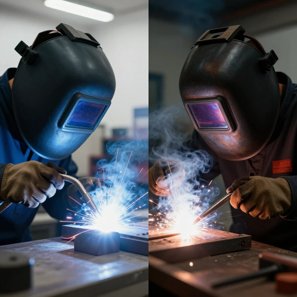A split image contrasting a clean welding workspace with pure argon gas and a dynamic CO2 mix environment, showcasing varied weld textures.