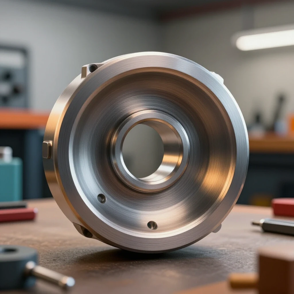Close-up of a craftsman inspecting a flawlessly machined metal part in a busy workshop with tools in the background.